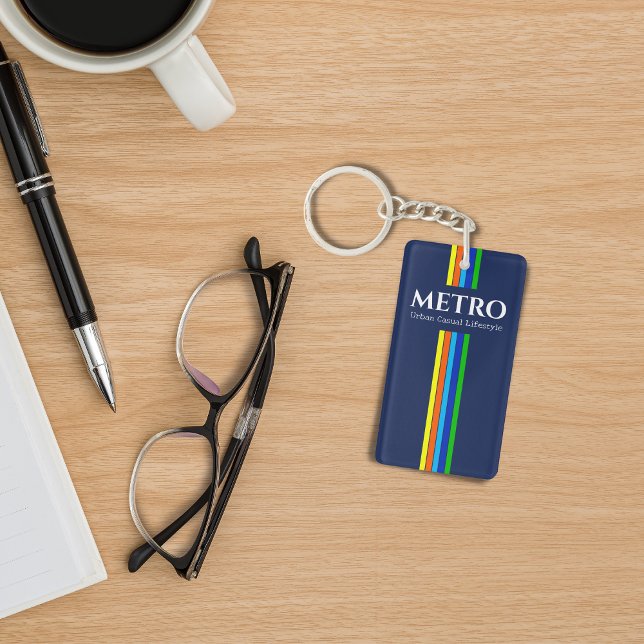 Retro Blue Modern Stripes Business-Logo Schlüsselanhänger (Von Creator hochgeladen)