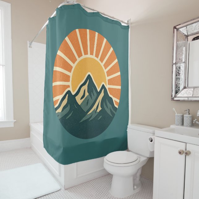 Retro Blue Mountain Sunrise | Outdoor Nature Teal Duschvorhang (Beispiel)