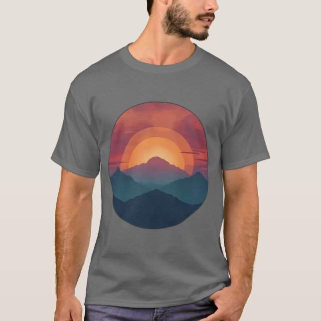 Retro Blue Mountain Sunset | Nature Watercolor Art T-Shirt (Vorderseite)
