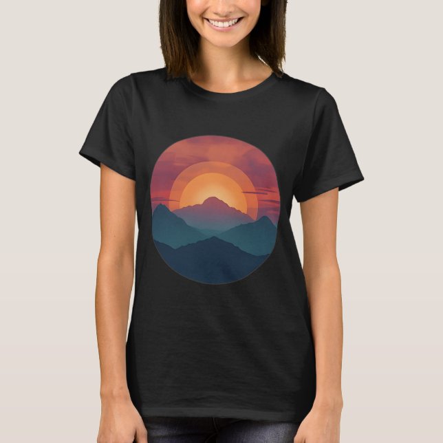 Retro Blue Mountain Sunset | Nature Watercolor Art T-Shirt (Vorderseite)