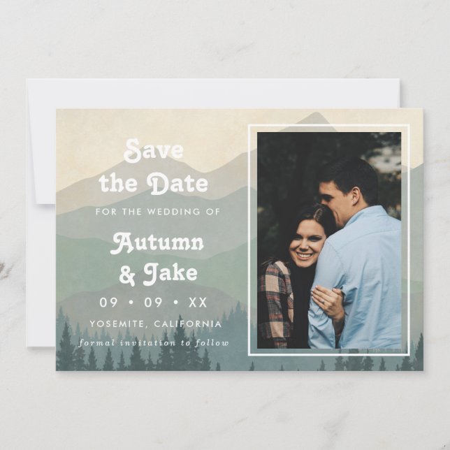 Retro Blue Mountains Foto Hochzeit Save The Date (Vorderseite)