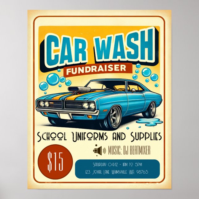 Retro Blue Muskel Auto Wash Fundraiser Poster (Vorne)