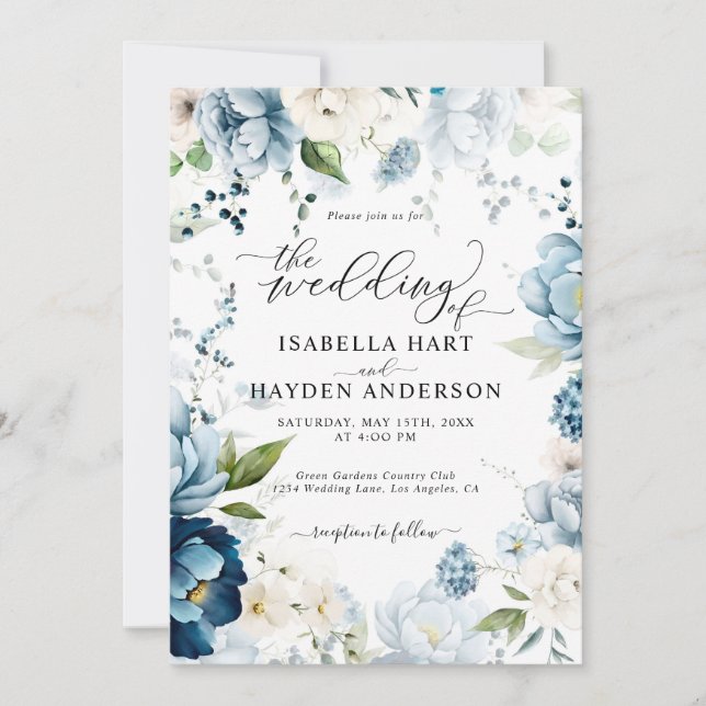 Retro Blue Navy Cream All in 1 QR Code Hochzeit Einladung (Vorderseite)