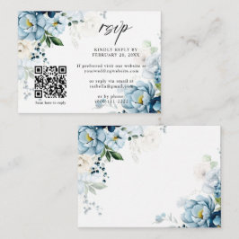 Retro Blue Navy Cream Floral QR Code Hochzeit RSVP Begleitkarte