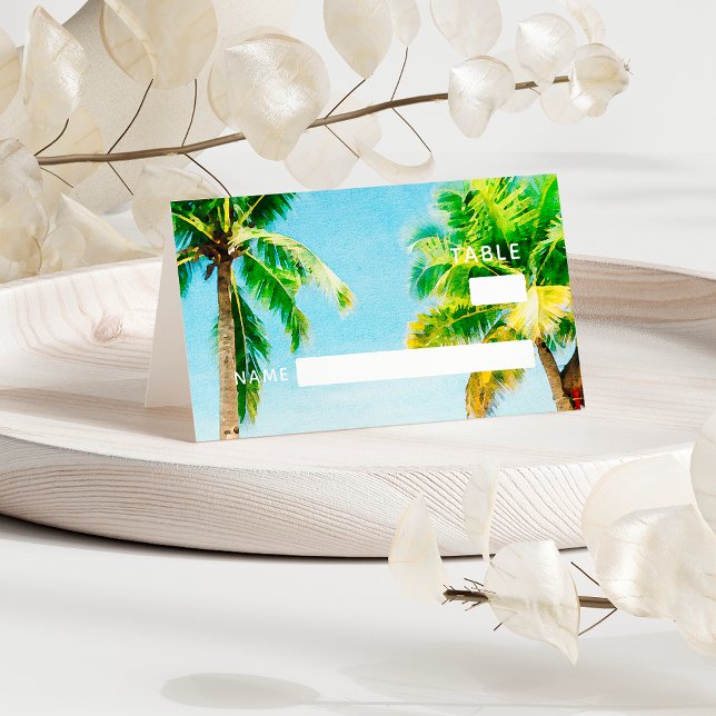 Retro Blue Ocean Beach Palm Trees Tropical Wedding Platzkarte (Von Creator hochgeladen)