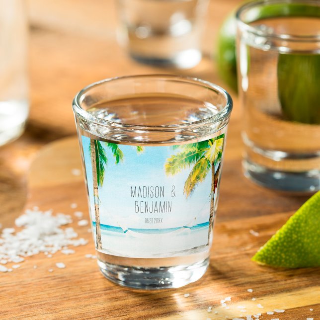 Retro Blue Ocean Beach Palm Trees Tropical Wedding Schnapsglas (Von Creator hochgeladen)