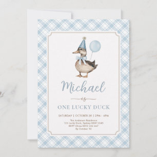 Retro Blue One Lucky Duck Ballon 1. Geburtstag Einladung