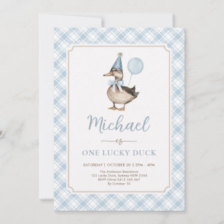 Retro Blue One Lucky Duck Ballon 1. Geburtstag Einladung