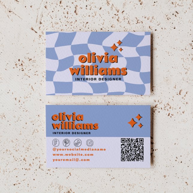 Retro Blue Orange QR Code Groovy Checkered Unique  Visitenkarte (Von Creator hochgeladen)