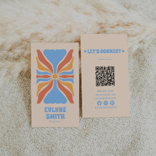 Retro Blue Orange QR Code Groovy Floral Abstrakt Visitenkarte