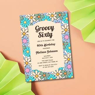 Retro Blue Peach Floral Groovy 60. Geburtstag Einladung