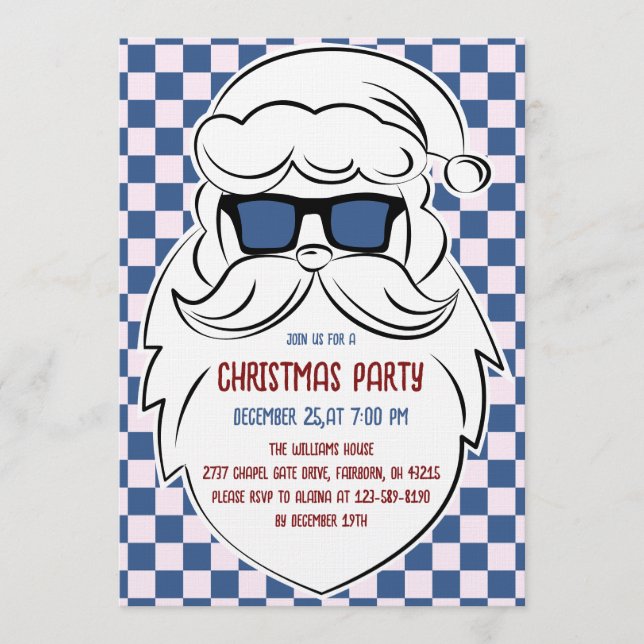 Retro Blue & Pink Checkered Santa Claus Christmas Einladung (Vorderseite)
