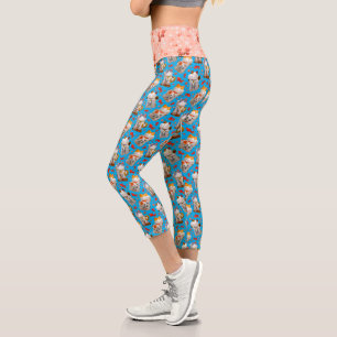 Retro Blue Pink Japanischer Fisch Lucky Cat und Ko Capri Leggings