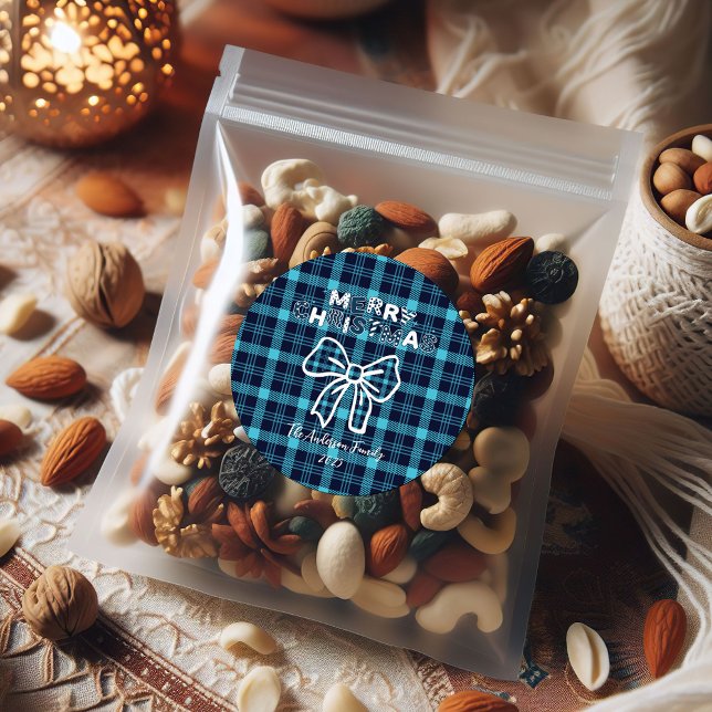 Retro Blue Plaid Whimsical Christmas  Runder Aufkleber (Von Creator hochgeladen)