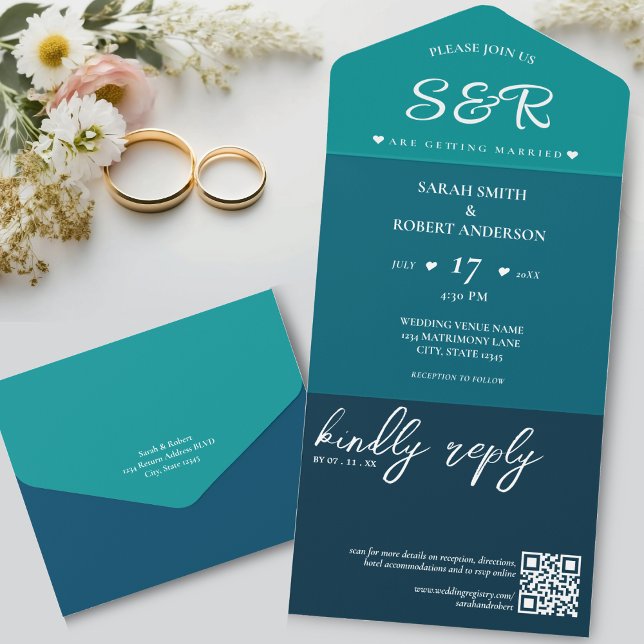 Retro Blue QR Code Wedding All In One Einladung (Retro Blue QR Code Wedding All In One Invitation)