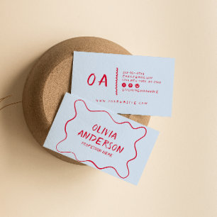 Retro Blue Red Hand Writing Boho Unique Border Visitenkarte