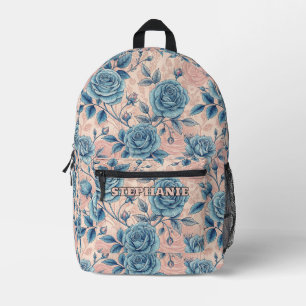 Retro Blue Rose Muster auf weichrosa Hintergrund Bedruckter Rucksack