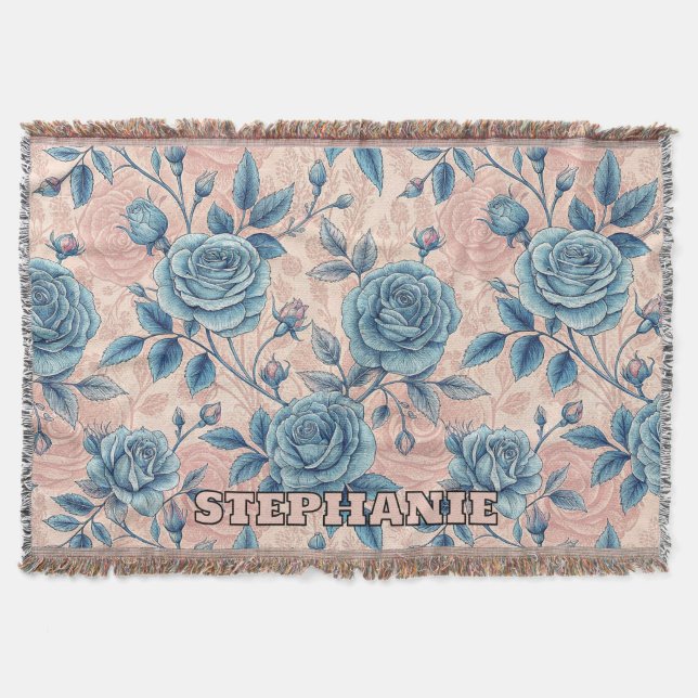 Retro Blue Rose Muster auf weichrosa Hintergrund Decke (Vorderseite)