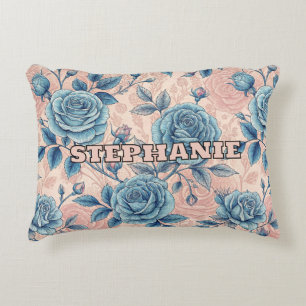 Retro Blue Rose Muster auf weichrosa Hintergrund Dekokissen