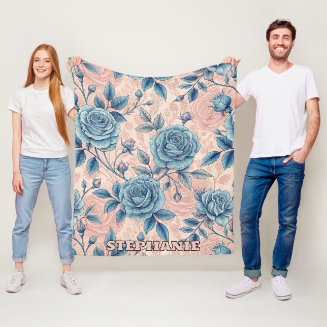 Retro Blue Rose Muster auf weichrosa Hintergrund Fleecedecke (Beispiel)