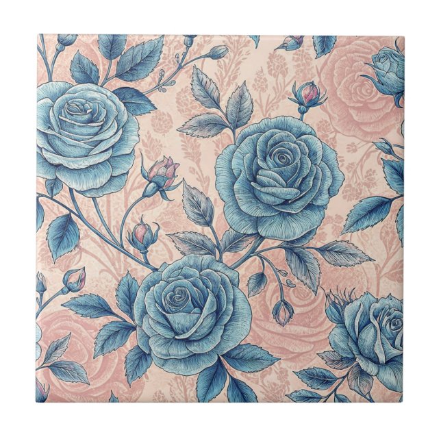 Retro Blue Rose Muster auf weichrosa Hintergrund Fliese (Vorderseite)