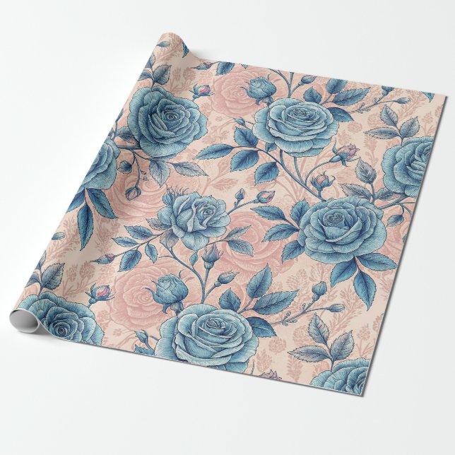 Retro Blue Rose Muster auf weichrosa Hintergrund Geschenkpapier (Ungerollt)