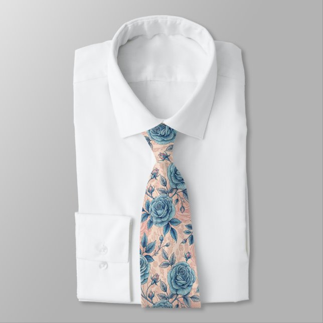 Retro Blue Rose Muster auf weichrosa Hintergrund Krawatte (Gebunden)