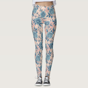 Retro Blue Rose Muster auf weichrosa Hintergrund Leggings