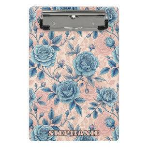 Retro Blue Rose Muster auf weichrosa Hintergrund Mini Klemmbrett