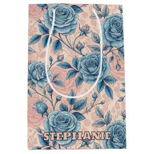 Retro Blue Rose Muster auf weichrosa Hintergrund Mittlere Geschenktüte