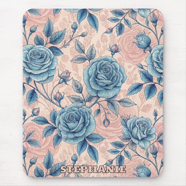 Retro Blue Rose Muster auf weichrosa Hintergrund Mousepad (Vorne)