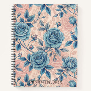 Retro Blue Rose Muster auf weichrosa Hintergrund Notizbuch