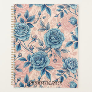 Retro Blue Rose Muster auf weichrosa Hintergrund Planer