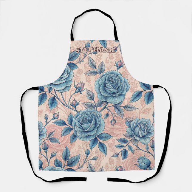 Retro Blue Rose Muster auf weichrosa Hintergrund Schürze (Vorderseite)