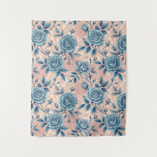 Retro Blue Rose Muster auf weichrosa Hintergrund Wandteppich