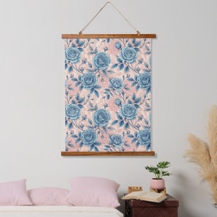 Retro Blue Rose Muster auf weichrosa Hintergrund Wandteppich Mit Holzrahmen