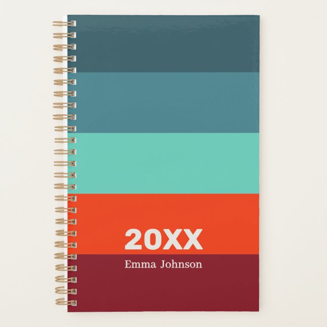 Retro Blue Scarlet Burgundy Stripe 2026 Name Planer (Vorderseite)