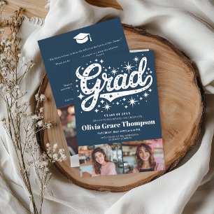 Retro Blue Script Stars 3-Foto Graduierungsparty Einladung