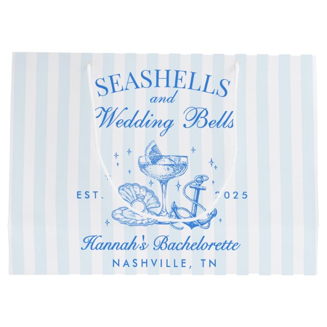 Retro Blue Seashells & Wedding Bells Bachelorette Große Geschenktüte (Rückseite)