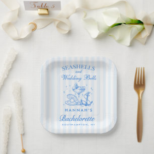 Retro Blue Seashells & Wedding Bells Bachelorette Pappteller