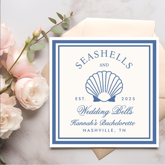 Retro Blue Seashells & Wedding Bells Bachelorette Serviette (Von Creator hochgeladen)
