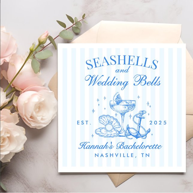 Retro Blue Seashells & Wedding Bells Bachelorette Serviette (Von Creator hochgeladen)