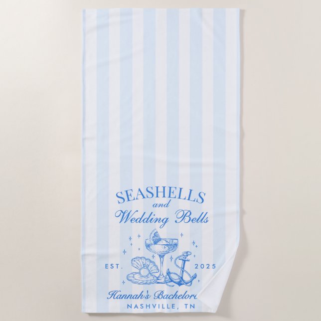 Retro Blue Seashells & Wedding Bells Bachelorette Strandtuch (Vorderseite)