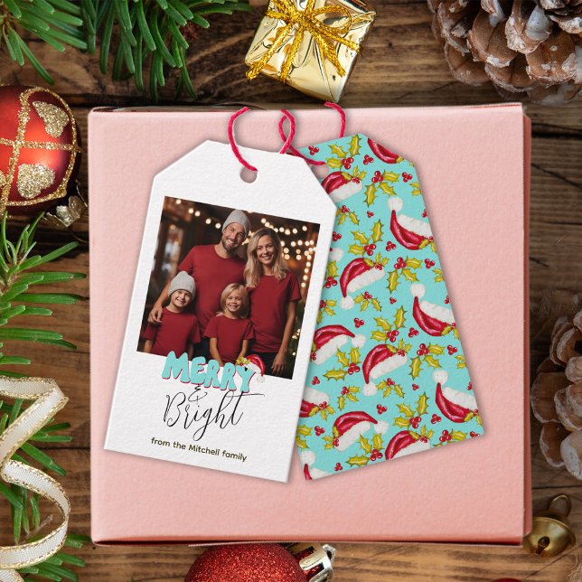 Retro Blue Simple Foto Merry Bright Christmas Geschenkanhänger (Von Creator hochgeladen)