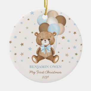 Retro Blue Teddy Bear Balloons Baby 1. Weihnachten Keramik Ornament