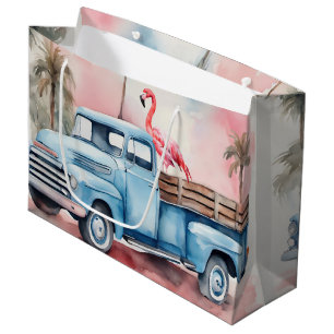 Retro Blue Truck mit Flamingo Große Geschenktüte