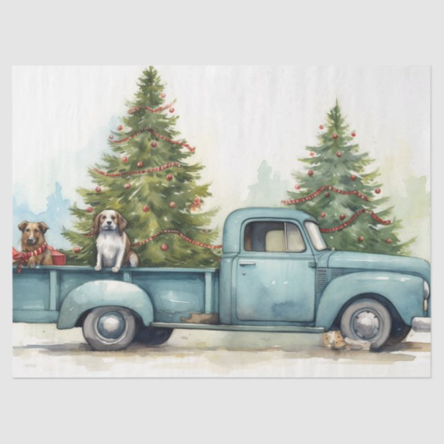 Retro Blue Truck mit Urlaubspflanzen und Hunden Seidenpapier (Vorderseite)