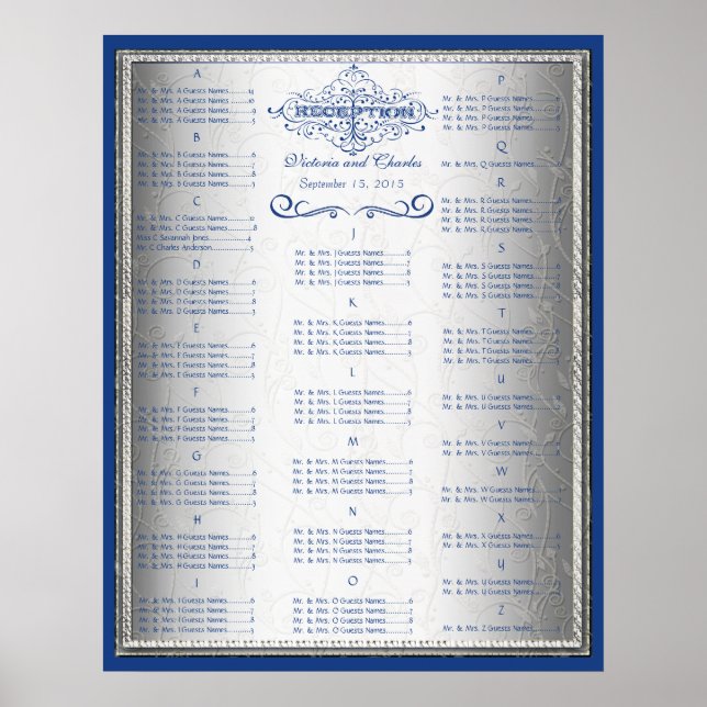 Retro Blue und Silver Wedding Guest Seating Chart Poster (Vorne)