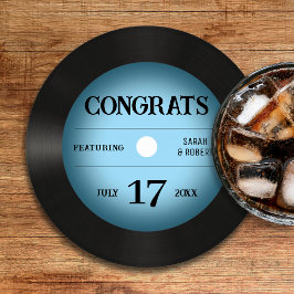 Retro Blue Vinyl Record Hochzeitsgratulation Runder Pappuntersetzer