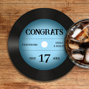 Retro Blue Vinyl Record Hochzeitsgratulation Runder Pappuntersetzer